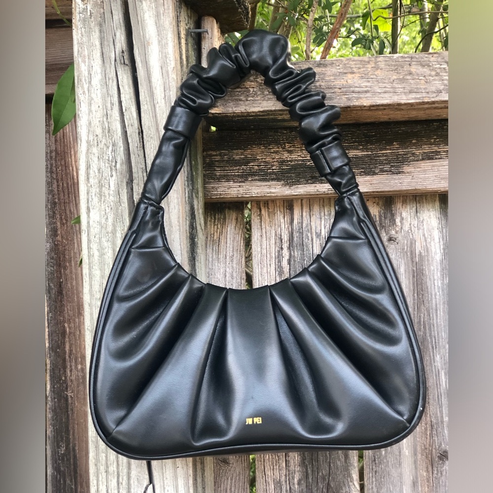 JW PEI Black Ruched Shoulder Bag with Gold Logo